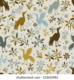 Hand painted textured seamless pattern with birds in folkloric style.