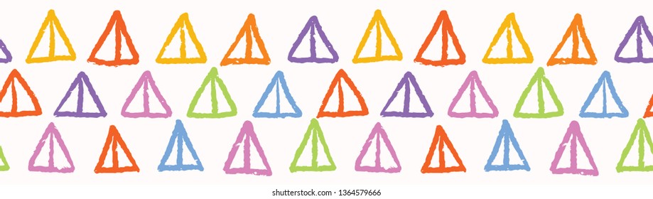 Hand painted textured triangle stripes. Seamless border pattern. Rainbow vector illustration. Striped bright ribbon edge trim. Colorful kid home decor washi tape band.
