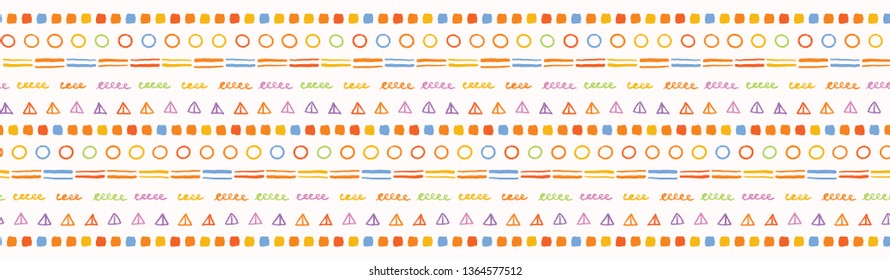 Hand painted textured vertical stripes. Seamless geometric shapes border pattern. Rainbow vector illustration. Striped bright ribbon edge trim. Colorful kid home decor washi tape band.