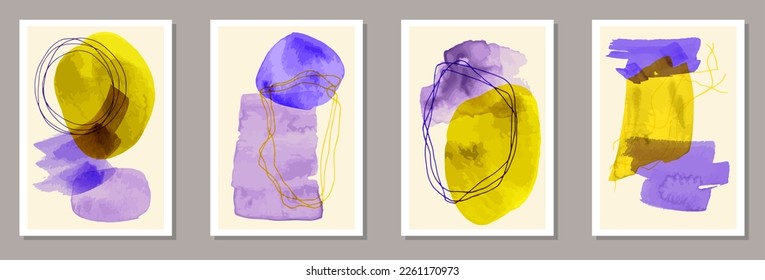 Hand painted trendy covers vector set. Watercolor blotches texture. Nordic style prints. Youth wall poster templates. Brush stroke elements.