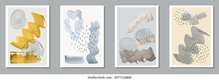 Hand painted trendy posters vector collection. Watercolor smudges collage. Nordic style frames. Cool house decor templates. Brush stroke elements.