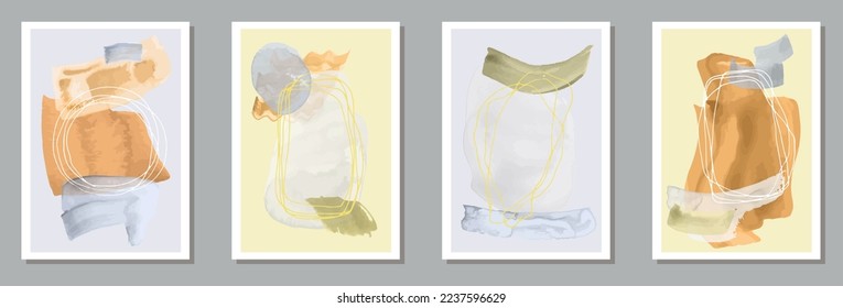 Juego vectorial de afiches pintados a la mano. Patrones de manchas acuáticas. Diseño de estilo años 60. Decoración elegante de la casa. Elementos Doodle.