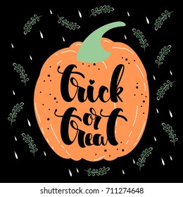 Hand painted "trick or treat" Halloween card with pumpkin. Vector illustration.