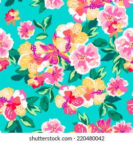 Hand painted tropical flowers, seamless background