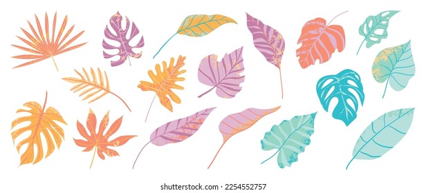 Hand painted tropical leaves vector set. Botanical exotic earth tone color foliage, palm leaves with grunge painting style isolated on white background. Design for cosmetic, product, spa, decoration.