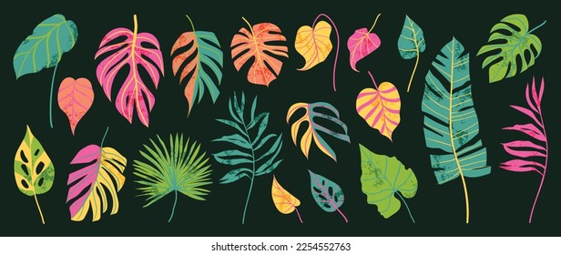 Hand painted tropical leaves vector set. Botanical exotic colorful jungle foliage, palm leaves with grunge painting style isolated on white background. Design for cosmetic, product, spa, decoration.