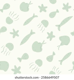 Hand painted underwater sea creatures like starfish, jellyfish, sting rays going diagonally in mint green on off white background. Minimal sea life seamless vector pattern.Great for homedecor, fabric.