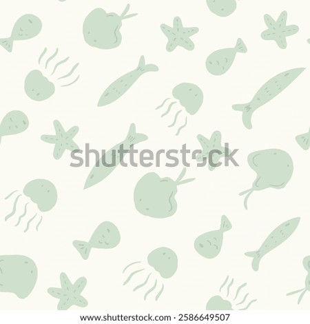 Hand painted underwater sea creatures like starfish, jellyfish, sting rays going diagonally in mint green on off white background. Minimal sea life seamless vector pattern.Great for homedecor, fabric.