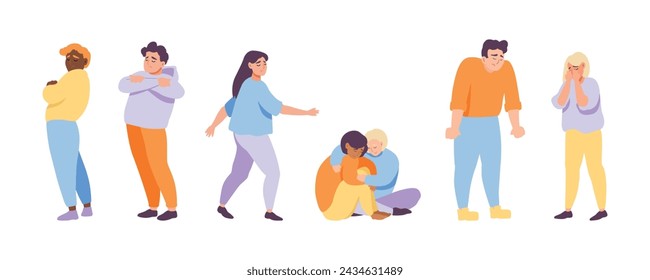 Hand painted unhappy young people men and women in depression in different poses. Concept of grief, frustration and depression. Colored flat vector illustration isolated on simple background.