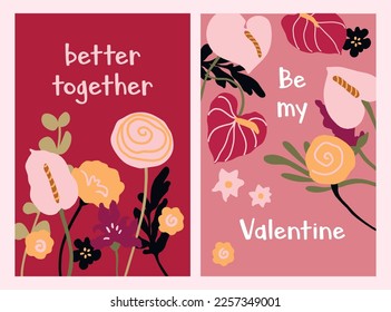 Hand painted Valentine's Day post cards. Abstract trendy pink simple geometric floral shapes, anthurium flowers, poppy flowers in vase, boho shapes. Greeting card, social media template