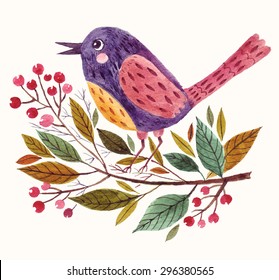 Hand painted vector adorable bird sitting on a branch in watercolor technique.