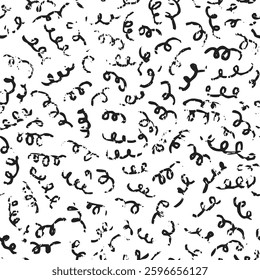 Hand painted vector black and white squiggles vector seamless pattern, stamped, erased scribble, loop lines 