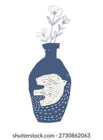 Jarrón de cerámica de Vector pintado a mano con flores y patrón de pájaro, objeto de arcilla orgánica para carteles y folletos de talleres de cerámica