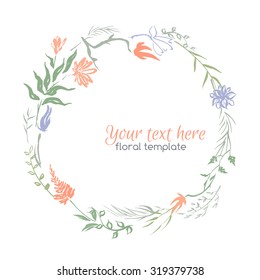 Hand painted vector color ink wreath. Original template for greeting card, wedding invitation, save the date. Isolated floral design. Set of flowers with space for your text.