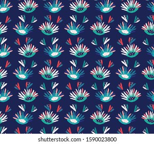 Hand Painted Vector Daisy Bold Summer Bloom Floral Motif Seamless Pattern. Classic Blue Pink Flower Petal Background. Modern Bright Cut Out Collage Textile. Exotic Tropic All Over Print Eps 10 Tile. 