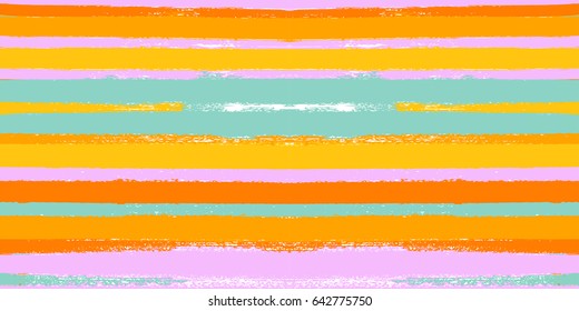 Hand painted vector digital ink brush strokes in green, turquoise, orange, pink and yellow. Trendy grungy fabric and textile print design, seamless summer pattern. Sailor stripes hipster background. 