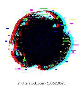 Hand painted vector grunge black  banner with rgb cyan and red glitch effect with  particles on white background.