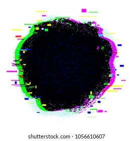 Hand painted vector grunge black  banner with rgb magenta and green glitch effect with  particles on white background.