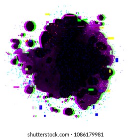Hand painted vector grunge black stain with rgb glitch effect and paint splashes on white background.