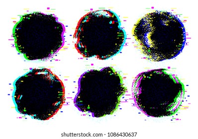 Hand painted vector grunge black round banners set with rgb glitch effect with particles on white background.