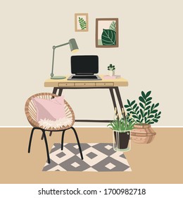 Hand painted vector home office table with computer and chair workplace interior illustration