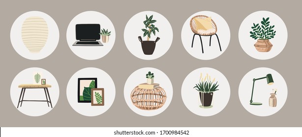 Hand painted vector home office workplace objects illustration - social network story highlights covers templates