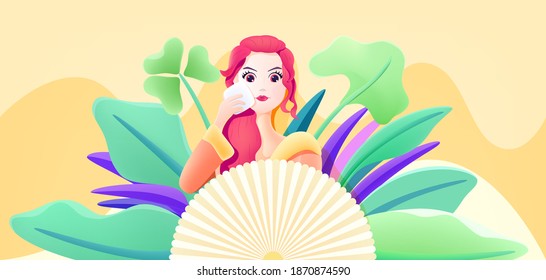 Hand painted vector illustration of beautiful girl making up in nature green plants