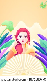 Hand painted vector illustration of beautiful girl making up in nature green plants