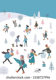 Hand painted vector illustration of cute Christmas people characters. Christmas village