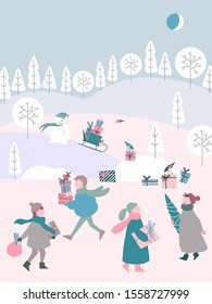 Hand painted vector illustration of cute Christmas people characters. Christmas village