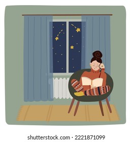 Hand painted vector illustration with young woman in warm clothes reading at home in winter. Sustainable home heating option, temperature at home
