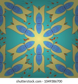 Hand painted vector mandala, colored on blue, yellow and beige colors, indian peacock, indian pattern, colored mandala, mandala peacock.
