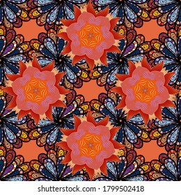 Hand painted vector mandala, colored on orange, blue and black colors, indian peacock, indian pattern, colored mandala, mandala peacock.