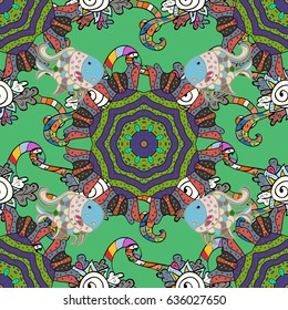 Hand painted vector mandala, colored on pink background, indian peacock, indian pattern, colored mandala, mandala peacock.