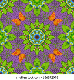 Hand painted vector mandala, colored on violet background, indian peacock, indian pattern, colored mandala, mandala peacock.