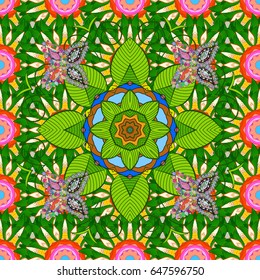 Hand painted vector mandala, colored on red background, indian peacock, indian pattern, colored mandala, mandala peacock.