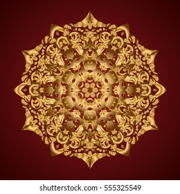 Hand painted vector mandala, golden on red background, indian peacock, indian pattern, golden mandala, mandala peacock.