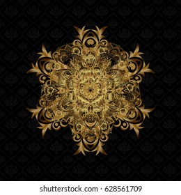 Hand painted vector mandala, golden on black background, indian peacock, indian pattern, golden mandala, mandala peacock.