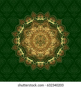 Hand painted vector mandala, golden on green background, indian peacock, indian pattern, golden mandala, mandala peacock.