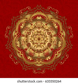 Hand painted vector mandala, golden on red background, indian peacock, indian pattern, golden mandala, mandala peacock.