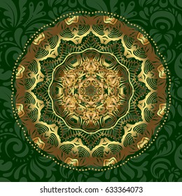 Hand painted vector mandala, golden on green background, indian peacock, indian pattern, golden mandala, mandala peacock.
