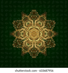 Hand painted vector mandala, golden on green background, indian peacock, indian pattern, golden mandala, mandala peacock.