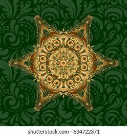 Hand painted vector mandala, golden on green background, indian peacock, indian pattern, golden mandala, mandala peacock.