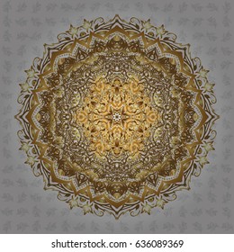 Hand painted vector mandala, golden on gray background, indian peacock, indian pattern, golden mandala, mandala peacock.