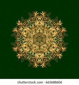 Hand painted vector mandala, golden on green background, indian peacock, indian pattern, golden mandala, mandala peacock.