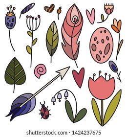 hand painted vector nature elements. feathers, leaves, grass, hearts, shells, arrow, egg, flowers