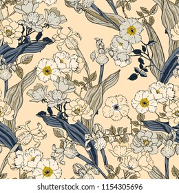 hand painted vector roses pattern. vintage flowers seamless background