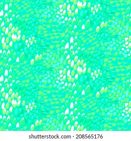 Hand painted vector seamless pattern with ethnic and tribal motifs inspired by tropical fish skin in multiple bright aqua blue and green colors