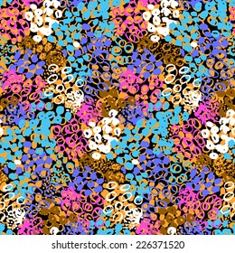Hand painted vector seamless pattern with ethnic and tribal motifs, splatters and brushstrokes in multiple bright colors like pink, brown, white, orange, blue, for summer spring fashion