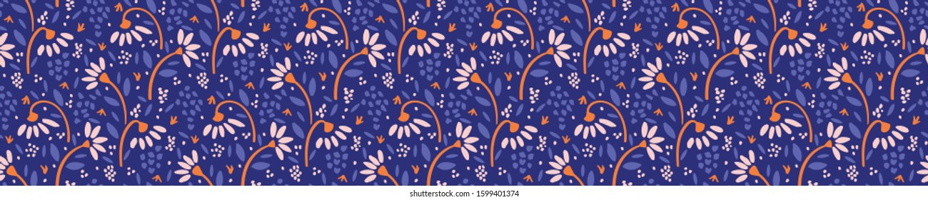 Hand Painted Vector Summer Bloom Floral Motif Seamless Banner Pattern. 
Pink Flower Petal Border Background. Modern Bright Cut Out Collage Style. Exotic Tropic Ribbon Trim Edge Eps 10